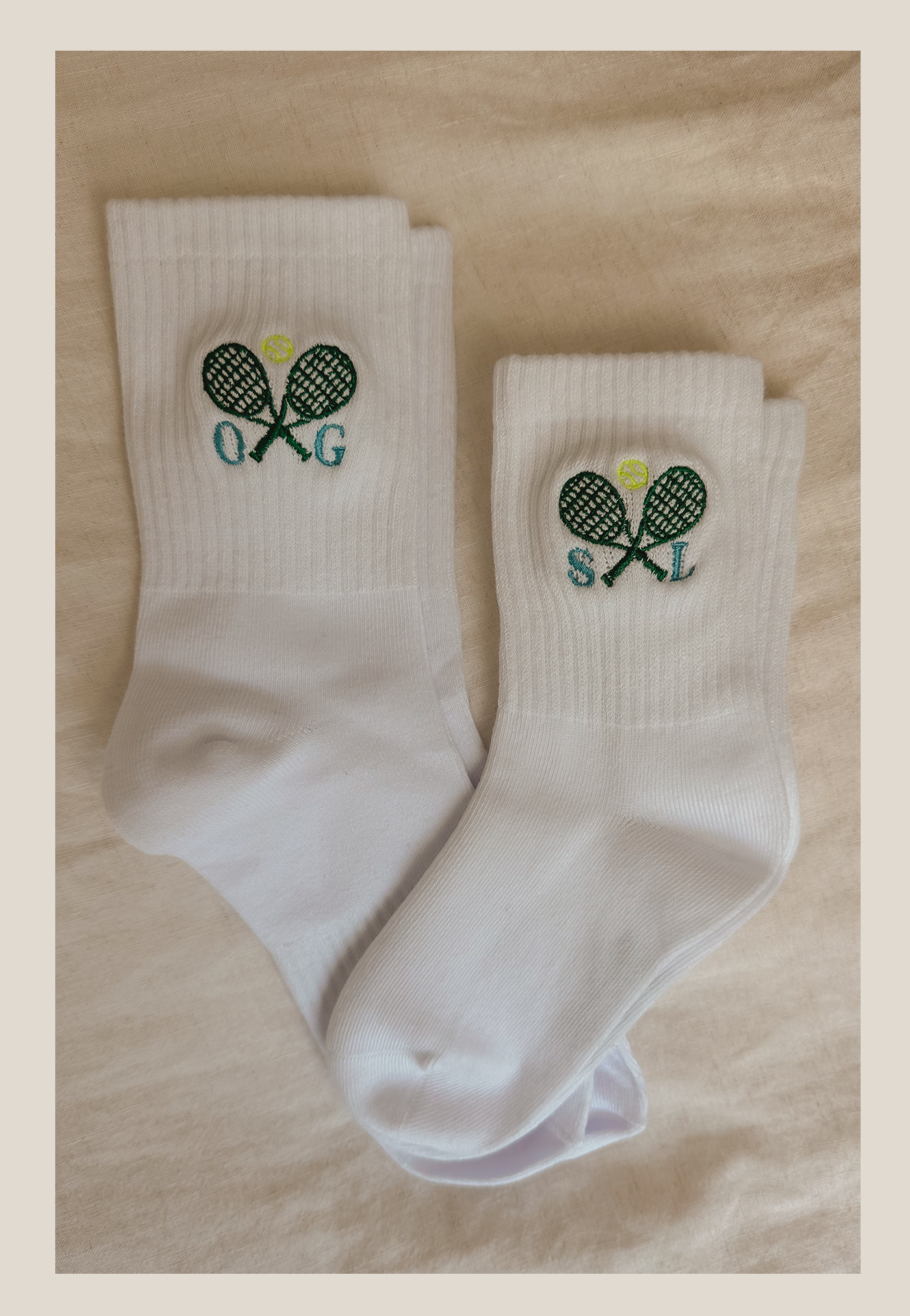 custom, embroidered, socks, crew socks, monogram, initials, tennis, emojis