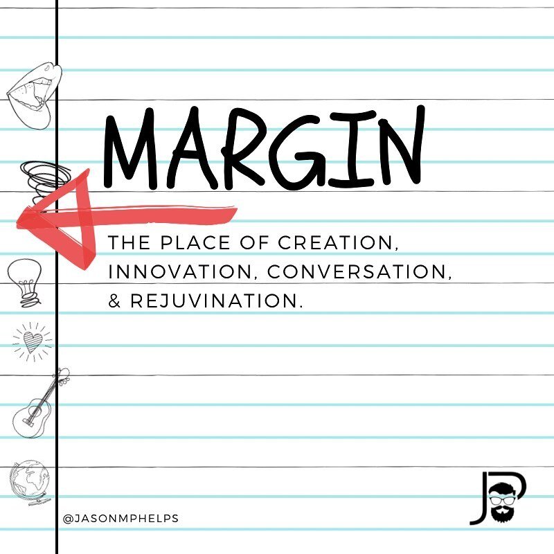 MARGIN. Do you have it?

Do you ignore it? Do you plan it? Do you forsake it? Do you lose it?

Margin is the land of the &lsquo;-tions!&rsquo;

So much can happen in the margins of life... creation, innovation, conversation, rejuvenation, and more!

