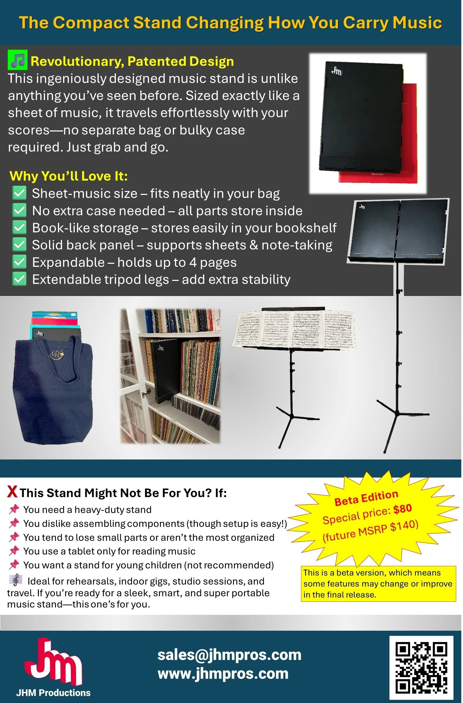 A promotional flyer showcases a compact, lightweight music stand designed to carry easily. The flyer highlights its features, including a sheet-music size, no need for a separate case, book-like storage, a solid back panel, expandable capacity, and extendable tripod legs. The design is aimed at musicians, students, and performers, emphasizing portability and convenience.