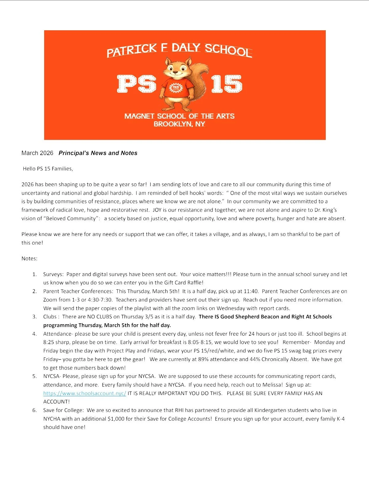 March 2026 Principal’s News &amp; Notes