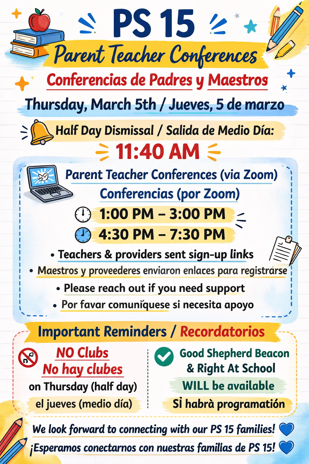PS15 Parent Teacher Conferences (Half day 3/5/26)