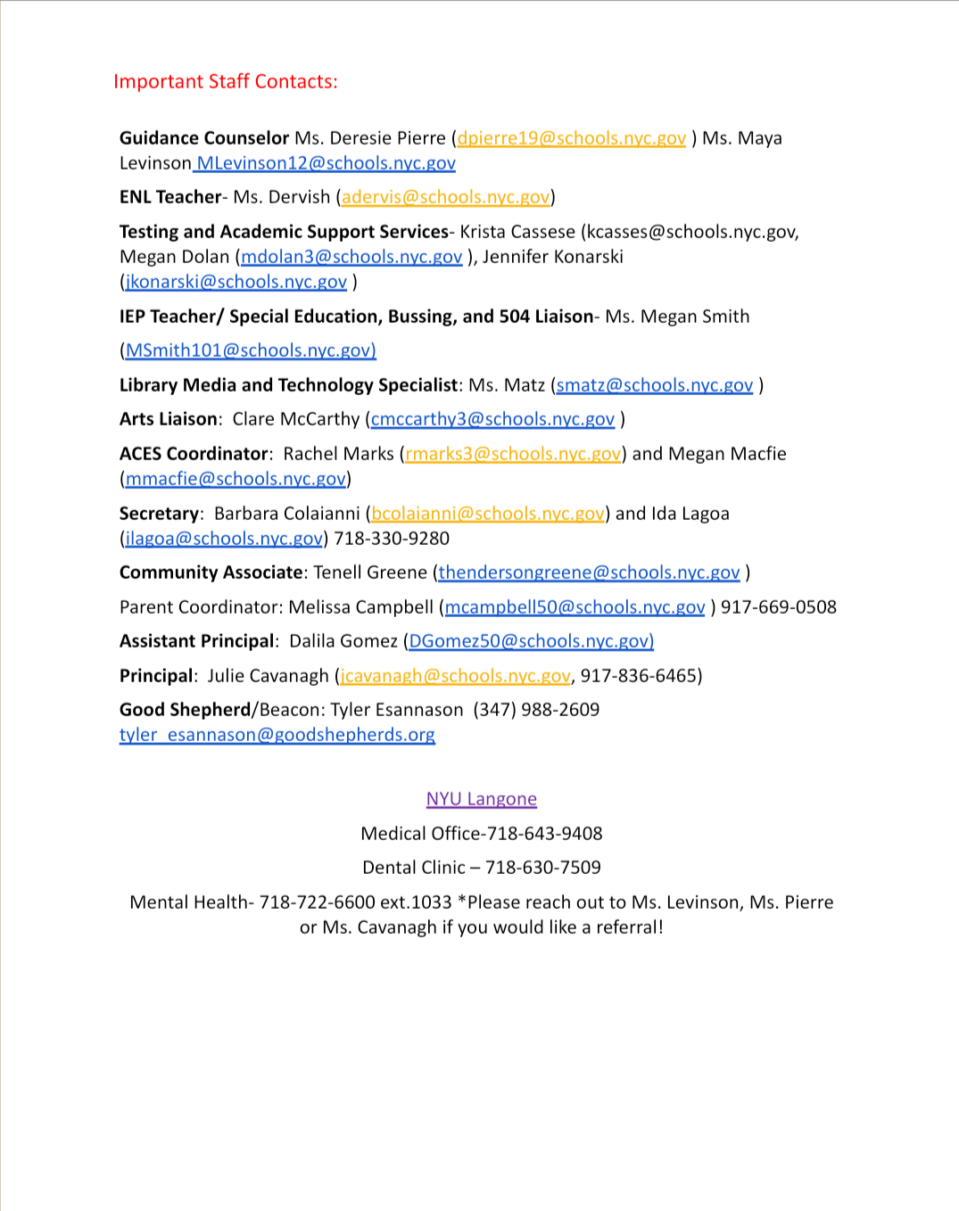 Updated Important Staff Contacts