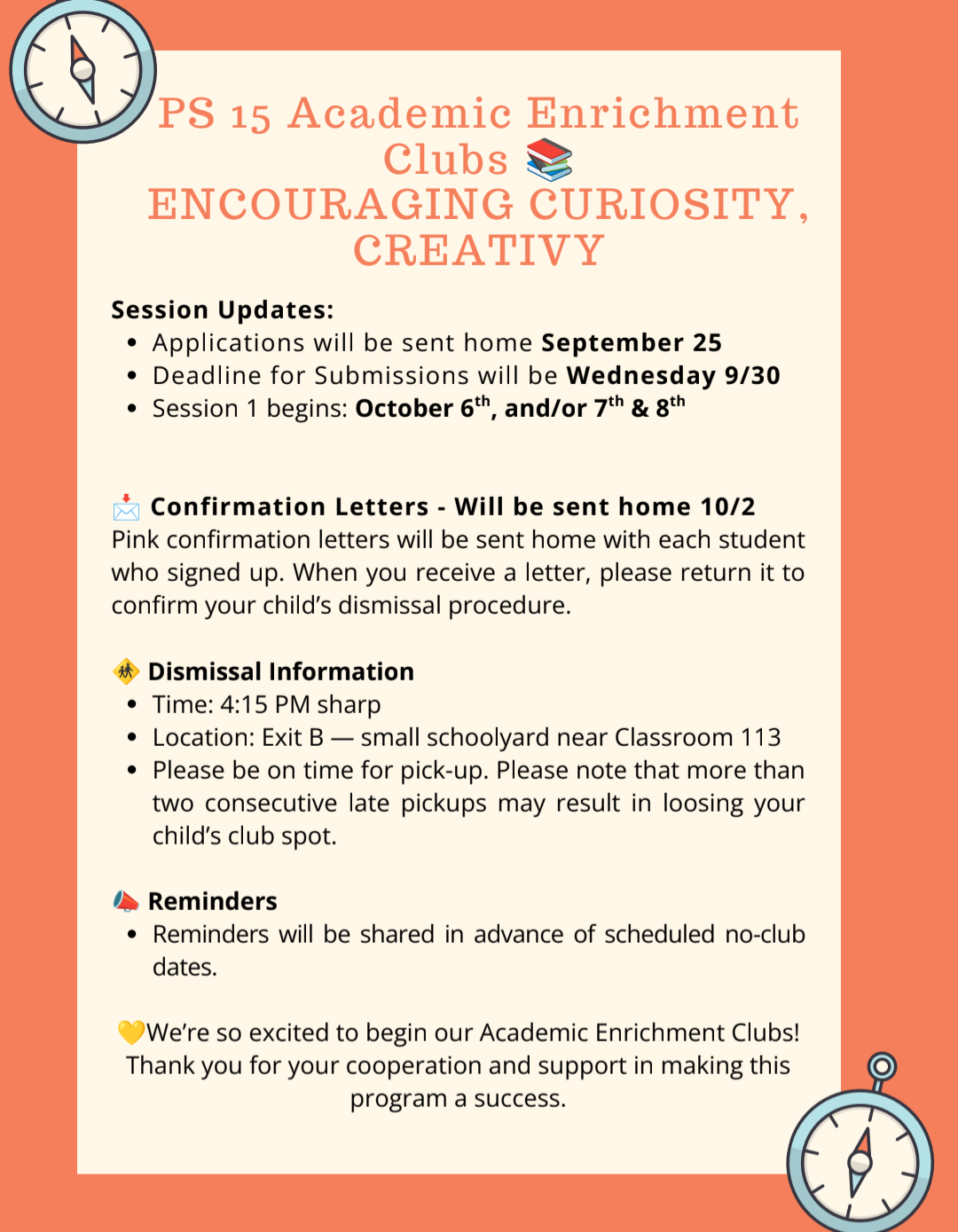 PS 15 Academic Enrichment Clubs and Applications