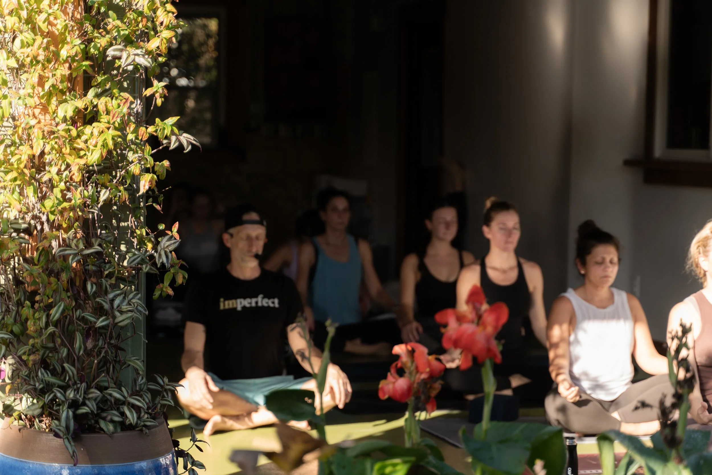 room of yoga students meditating with the sunlight shining by photographer Lenee Love