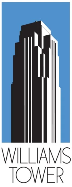 Lenee Love did a sound bath for The Williams Tower. Illustration of a tall black and white skyscraper labeled Williams Tower, set against a blue background.