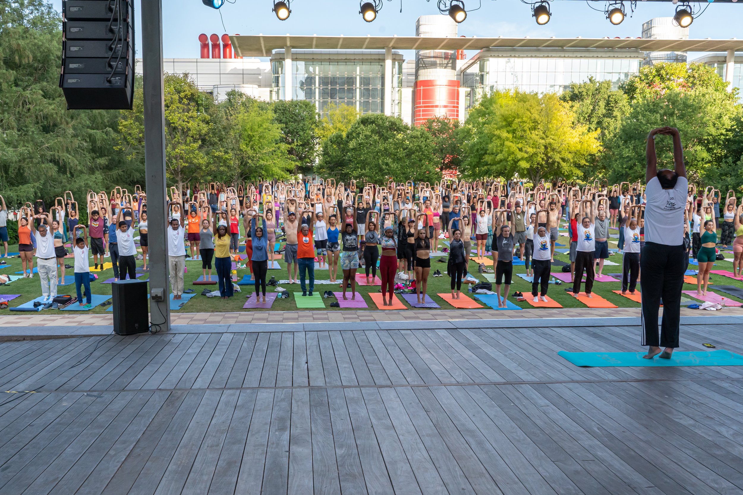hundreds of yogis holding the same pose on international day of yoga at discovery green in houston by yoga photographer Lenee Love