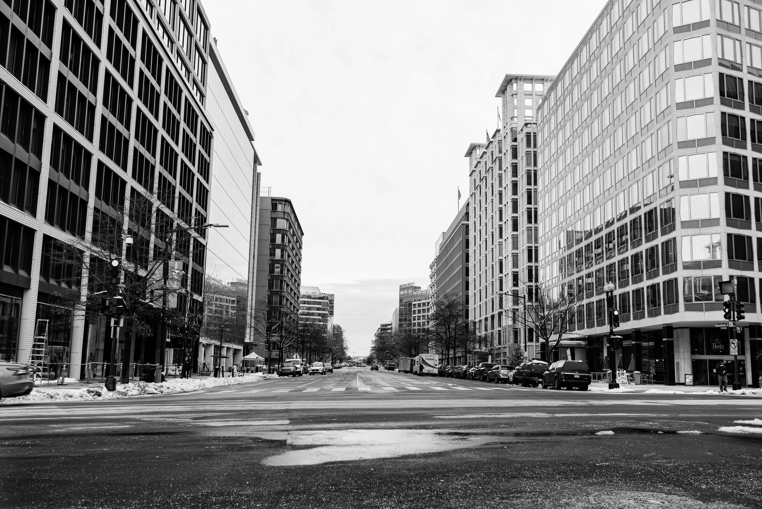 Downtown D.C. in black and white.