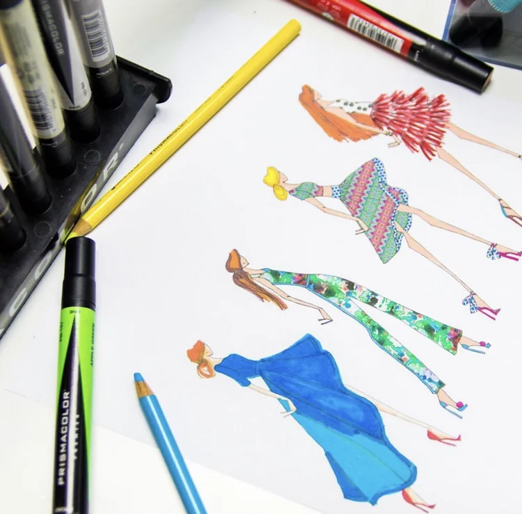 Fashion illustrations with markers and pencils