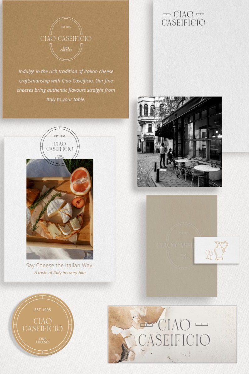 Collage of images and text promoting Ciao Caseificio fine cheeses, featuring cheese plates, vintage-style designs, and Italian themes.