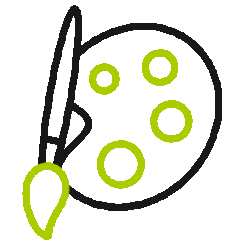 Drawing of a pizza with green toppings and a pizza cutter