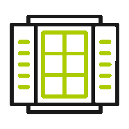A stylized illustration of a window with open shutters, showing a grid of six panes.