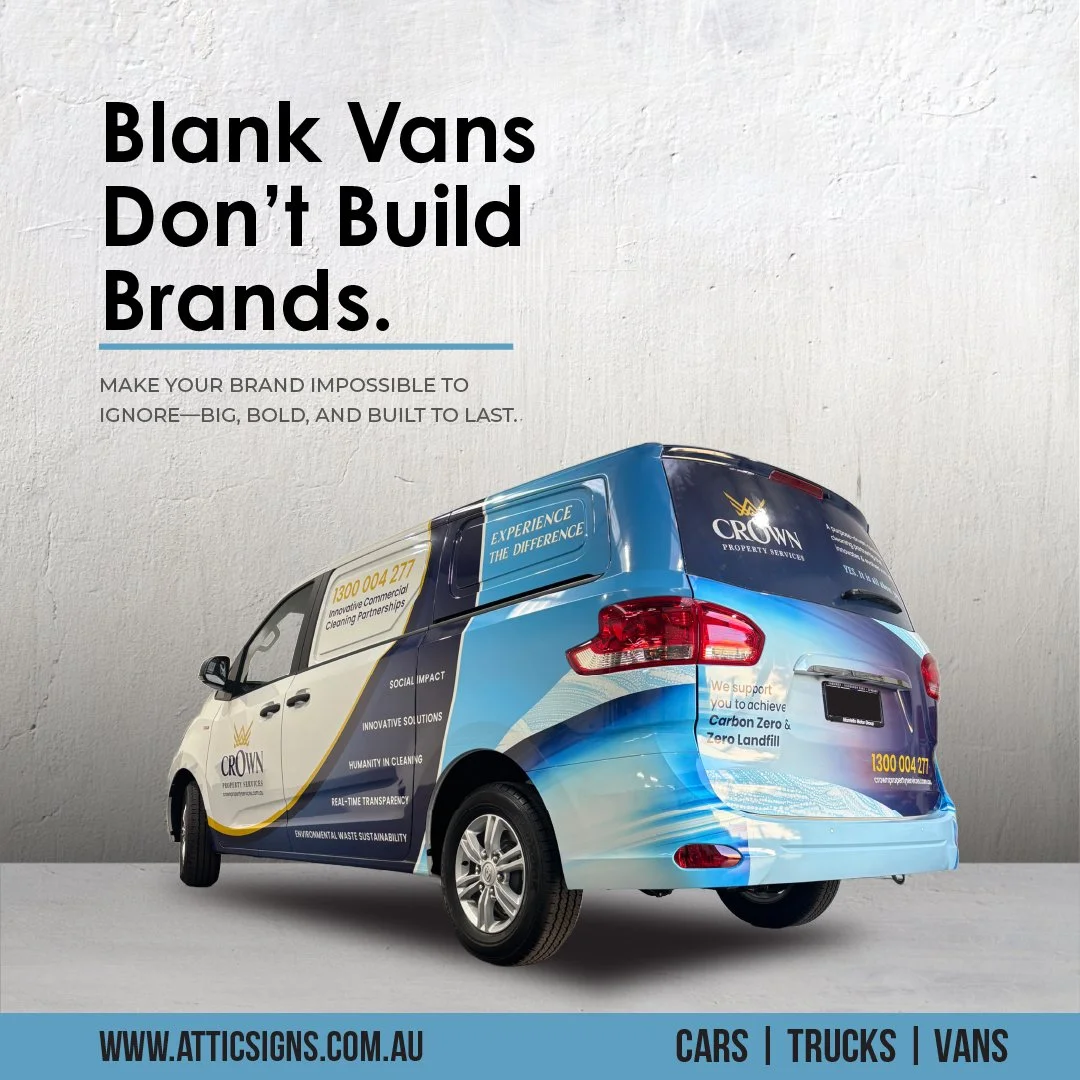 A promotional advertisement featuring a company van wrapped with branding graphics. The text emphasizes building a strong brand with bold messages and the company's contact information and services are displayed on the van. The background is a textur