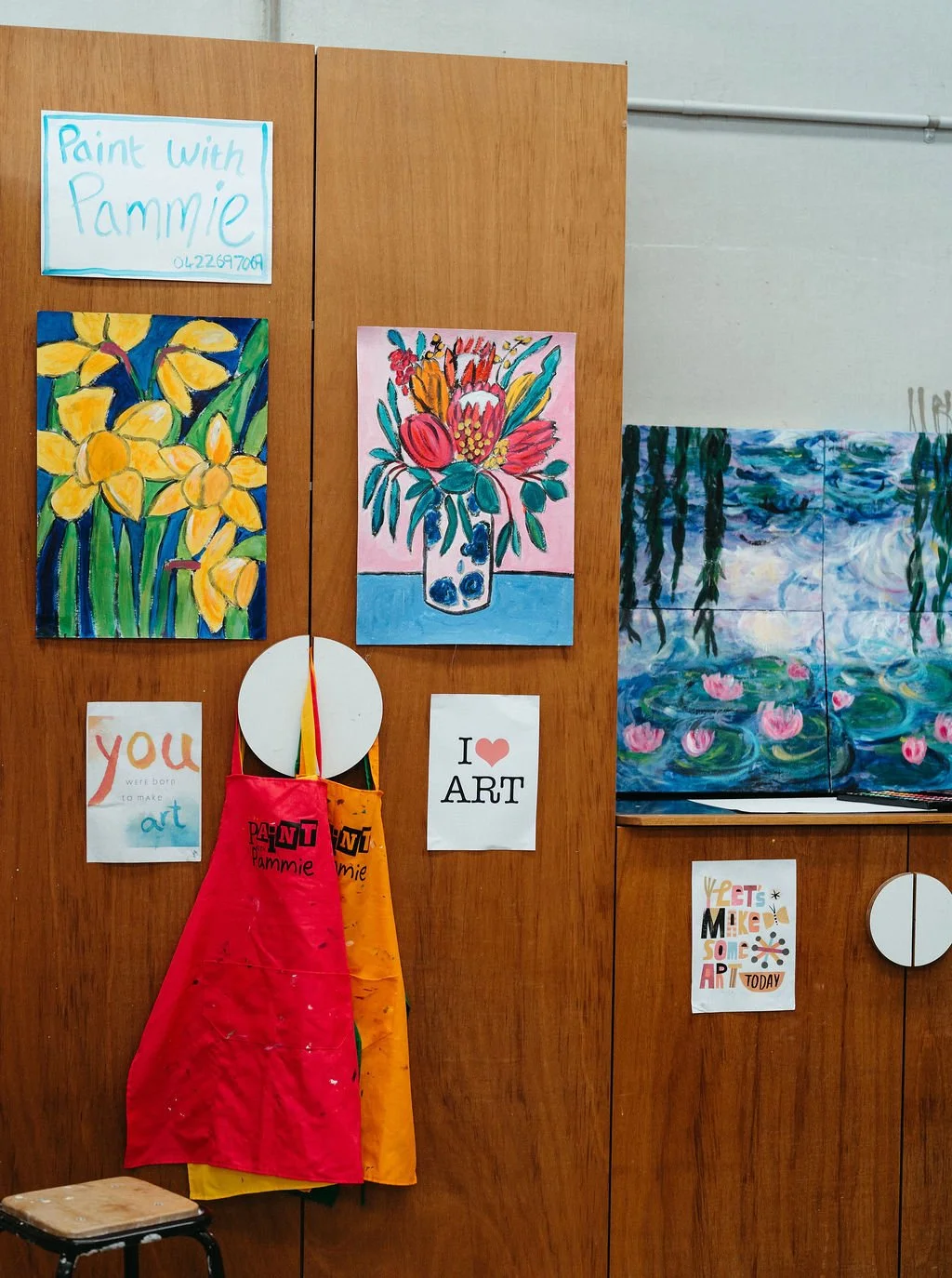Expressive paintings created in Painting With Pammie term classes