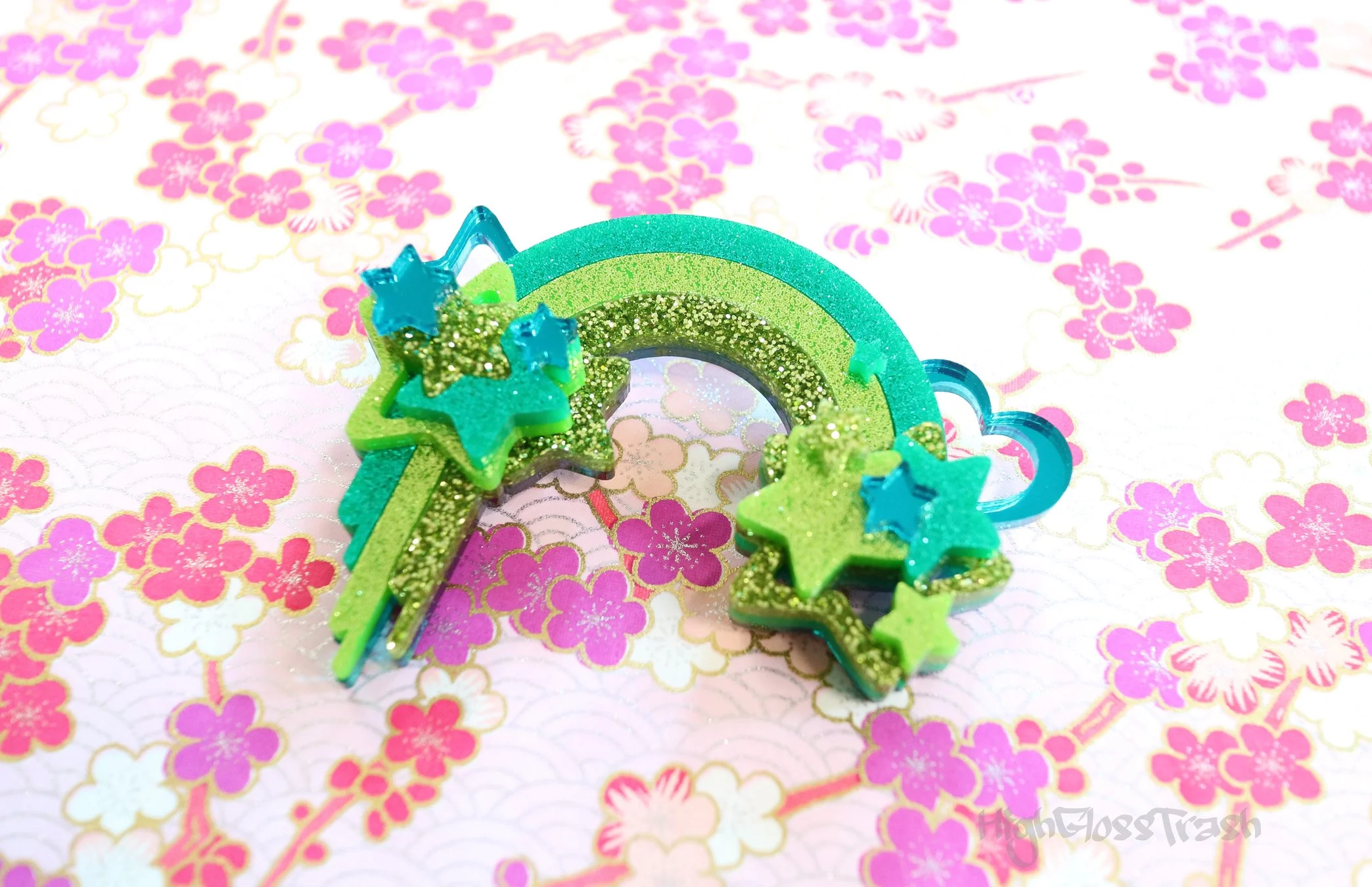 Colorful Green Rainbow Brooch - Funky Rainbow Design, Ideal Green Gift! All things green! Green Glitter Pin. Green Acrylic Brooches.
