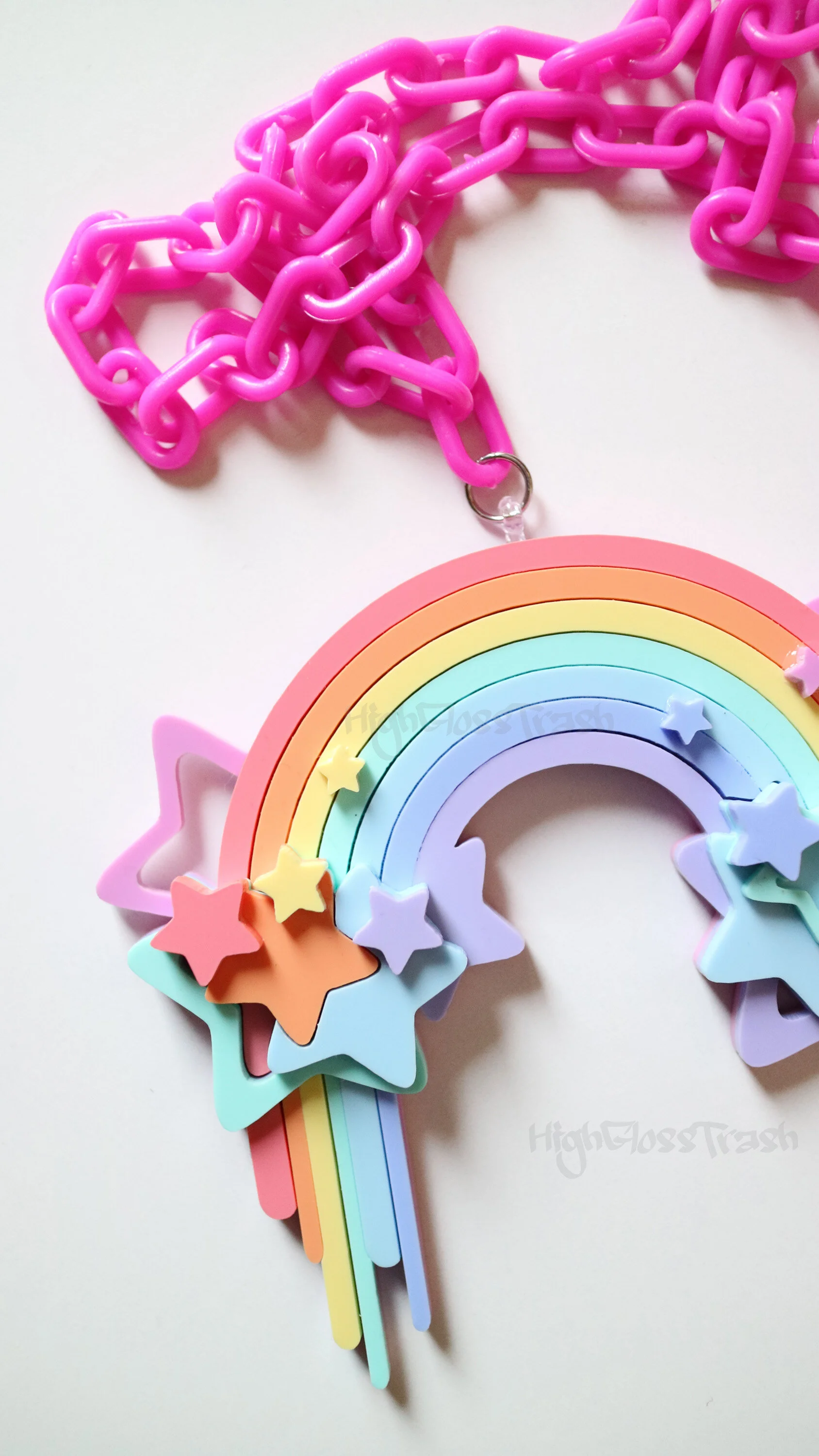Pastel Rainbow Statement necklace with Chunky Magenta Chain — High 