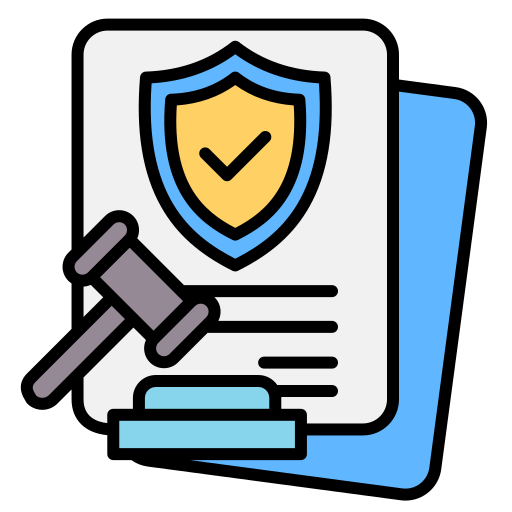 Illustration of a legal or insurance document with a shield and check mark, a gavel, and a blue folder.