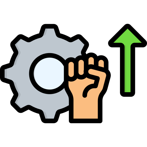 Icon of a gear, a raised fist, and an upward arrow symbolizing empowerment or growth.