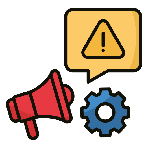 Alert icon with warning sign, megaphone, and gear symbols.