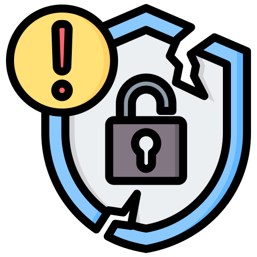 Shield with a lock symbol and an alert icon on a black background, representing security warning.
