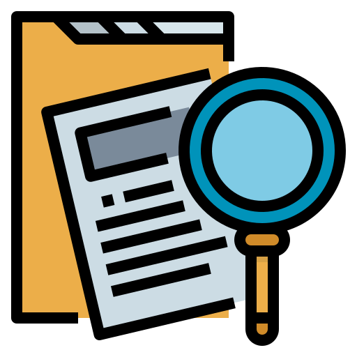 An illustration of a magnifying glass examining a document or report with text.