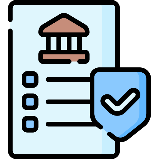 Icon of a government building with a checklist and a shield with a checkmark.