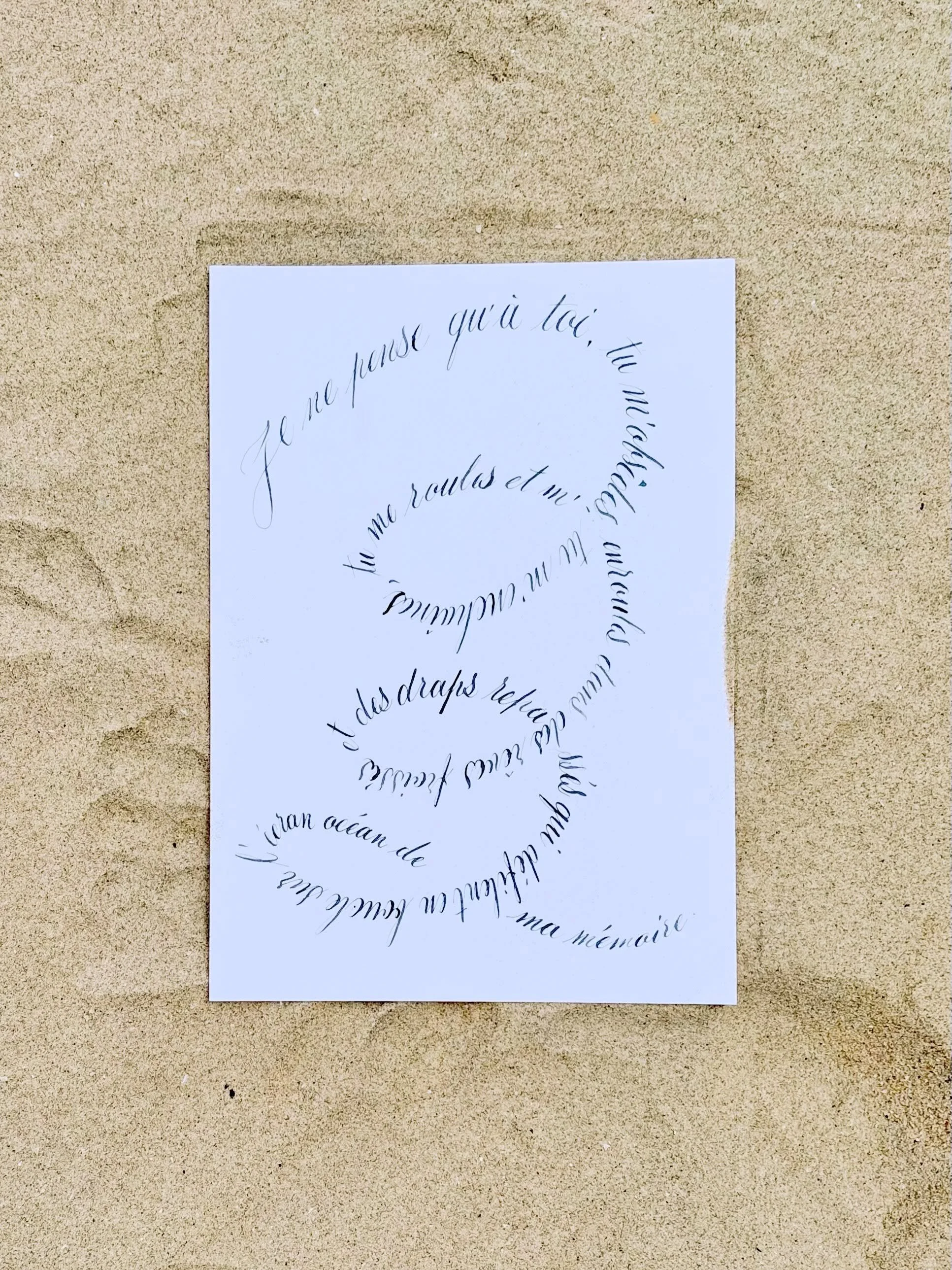 Calligramme, calligraphie &amp; monstre. 
Encre bleue sur papier 21x29,7cm.