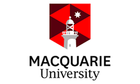 Macquarie University logo with a red and black shield and a white lighthouse.