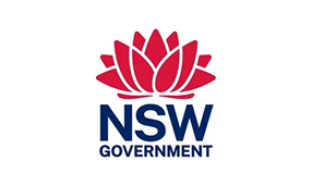 Logo of New South Wales Government with a red stylized waratah flower and blue text.