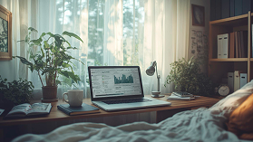 A cozy home office with a laptop open on a desk displaying a graph, surrounded by potted plants, books, and a lamp, with sunlight streaming through a window.