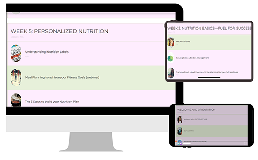 Screenshots of various mobile and desktop slideshows on nutrition, including topics like personalized nutrition, nutrition basics, meal planning, and orientation.