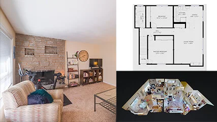 Collage of three images: a living room with a brick fireplace, a floor plan of a house, and a cluttered chaotic room with furniture.