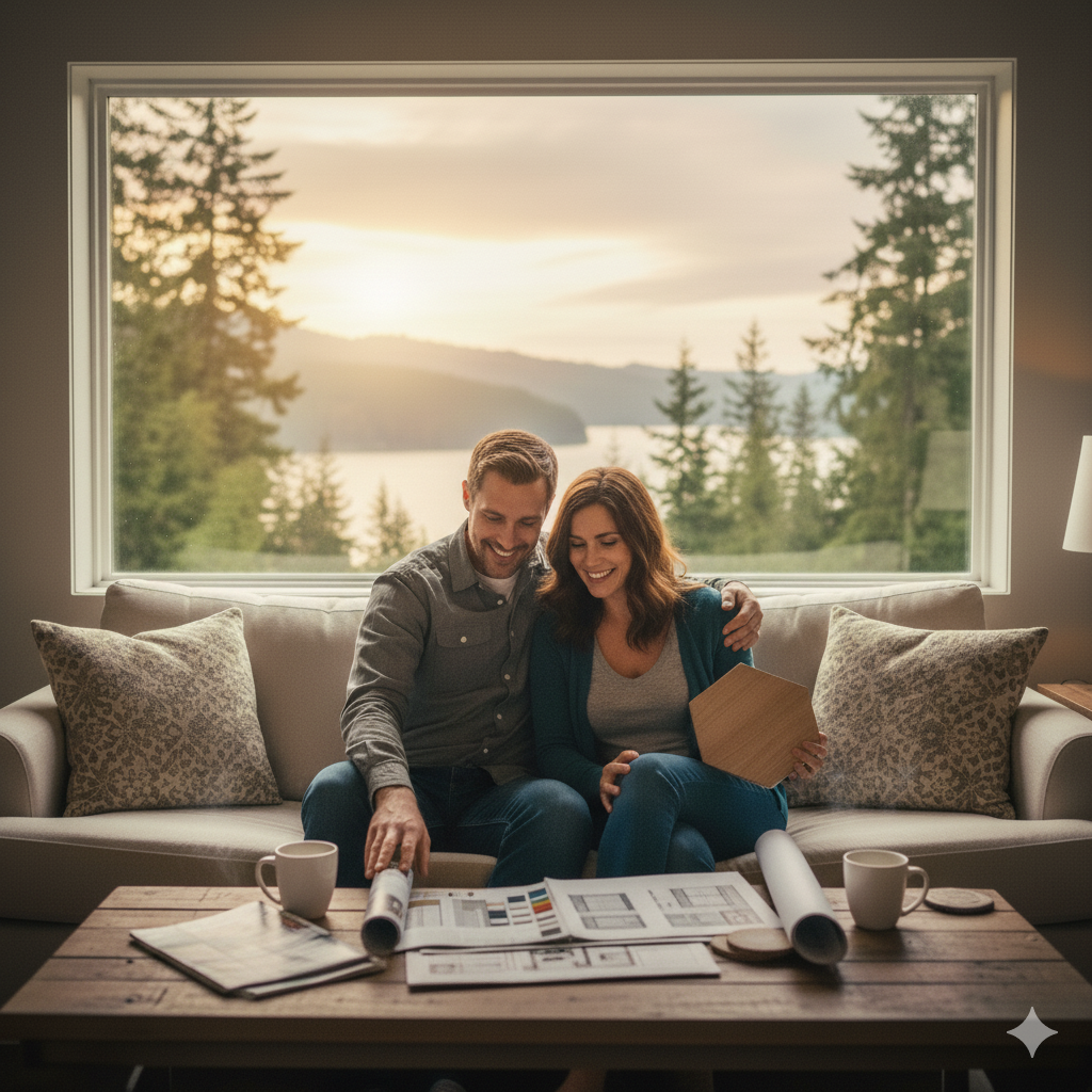A smiling couple sitting on a sofa, looking at architectural blueprints and holding a wooden sample, with large window showing an outdoor landscape of trees and mountains at sunset.