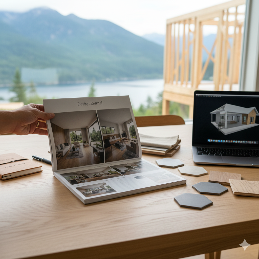 A person holds open a design journal with interior images, on a wooden table with color samples, notebooks, a pen, and a laptop showing a 3D house model. Behind, large windows reveal a scenic mountain and lake view.