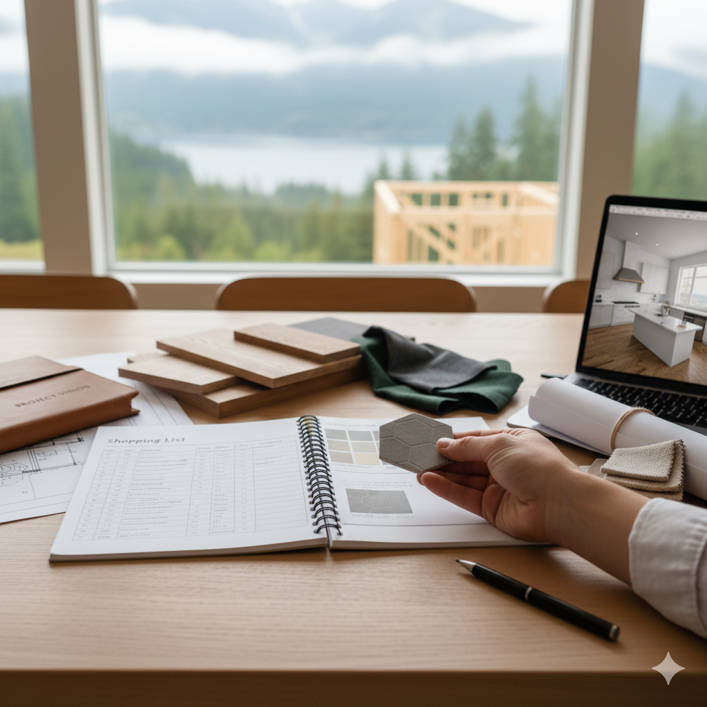 Interior of a designer's workspace with a large window overlooking nature, featuring a desk with color samples, a color chart book, a laptop displaying a kitchen design, and sample materials, suggesting interior design planning.
