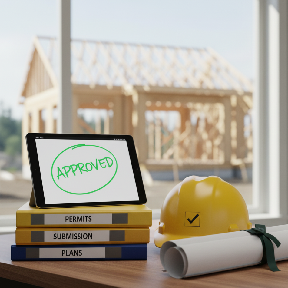 Table with construction permit, submission, and plans folders, a tablet displaying 'Approved', a yellow construction helmet with a checkmark, and rolled-up blueprints.