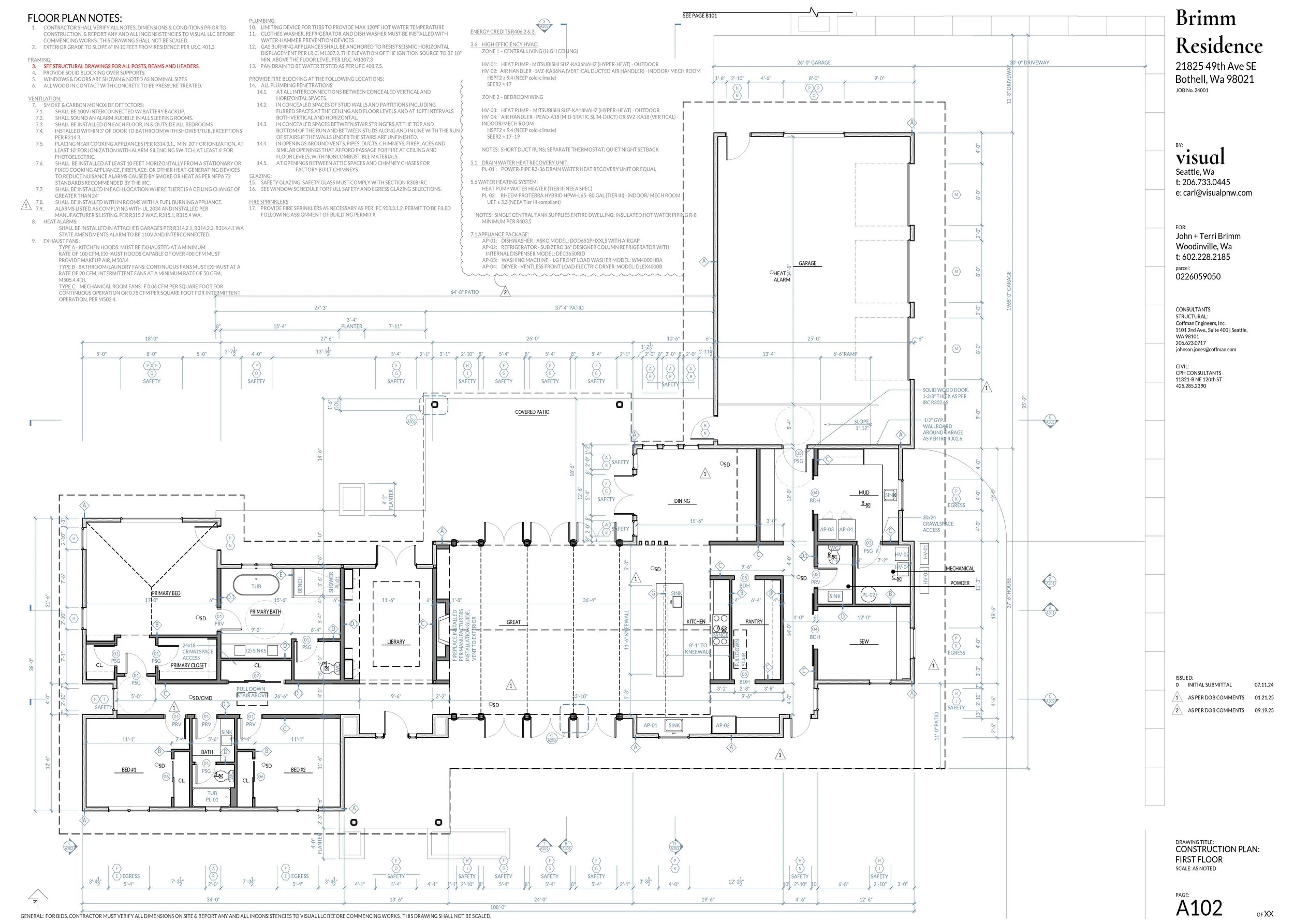Architectural blueprint of a residential house showing floor plan with rooms, doors, windows, and measurements.