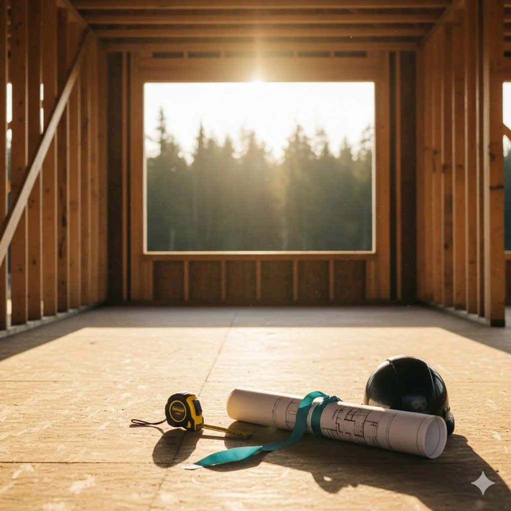 Construction site with exposed wood framing, a large window opening, and sunlight streaming in. On the floor, there are blueprints, a measuring tape, a safety helmet, and a rolled-up document.