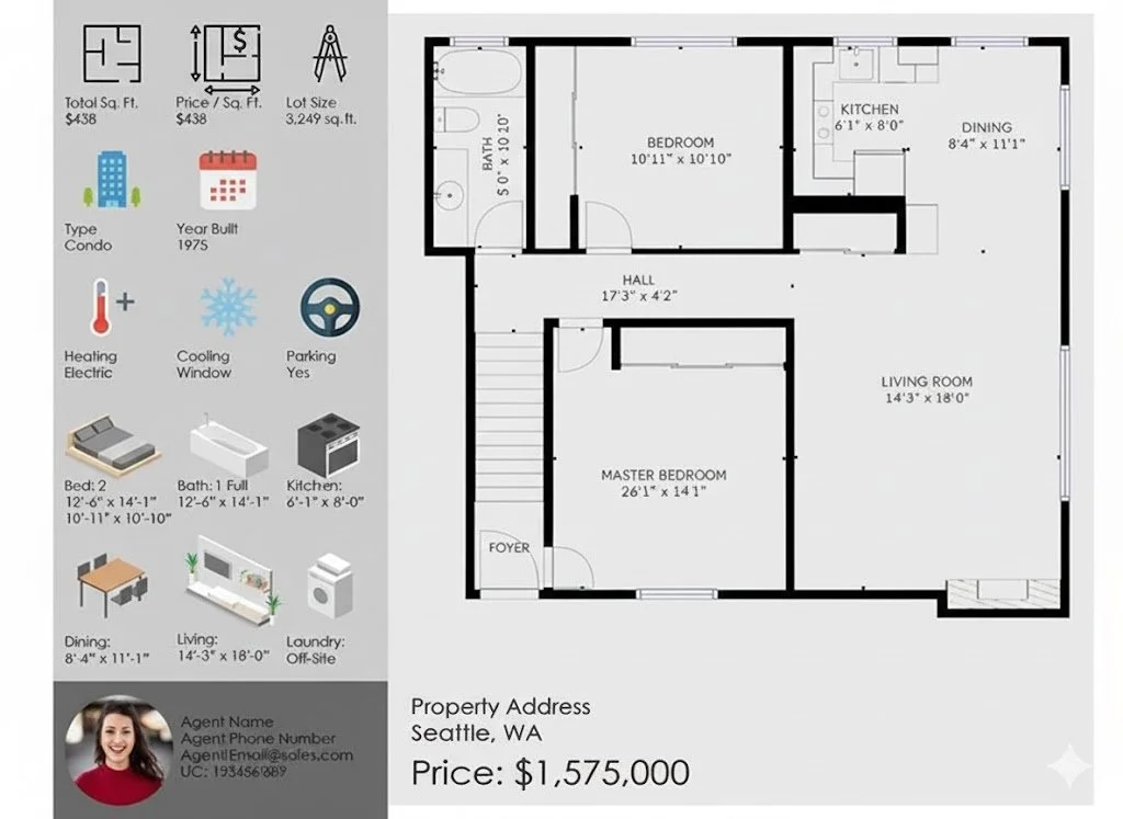 Floor plan of a condominium in Seattle, WA, with details of rooms, dimensions, and features; includes icons for total area, price, lot size, condo type, built year, heating, cooling, parking, bedroom, bathroom, kitchen, dining, living room, laundry, agent info, and property price of $1,575,000.