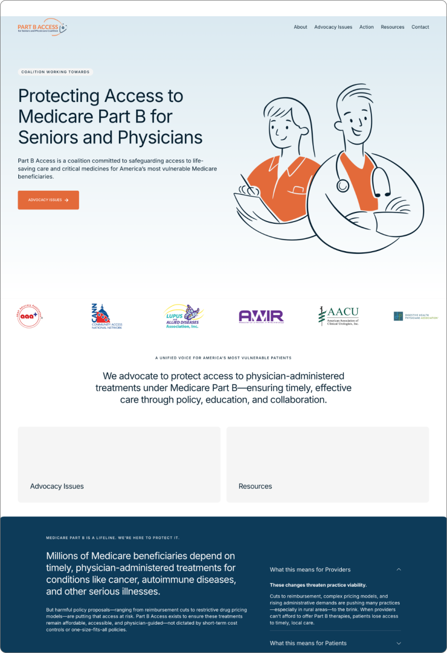 A webpage for Part B Access advocating for protecting access to Medicare Part B for seniors and physicians, featuring an illustration of a female nurse and a male doctor with a stethoscope, and logos of various medical organizations at the bottom.