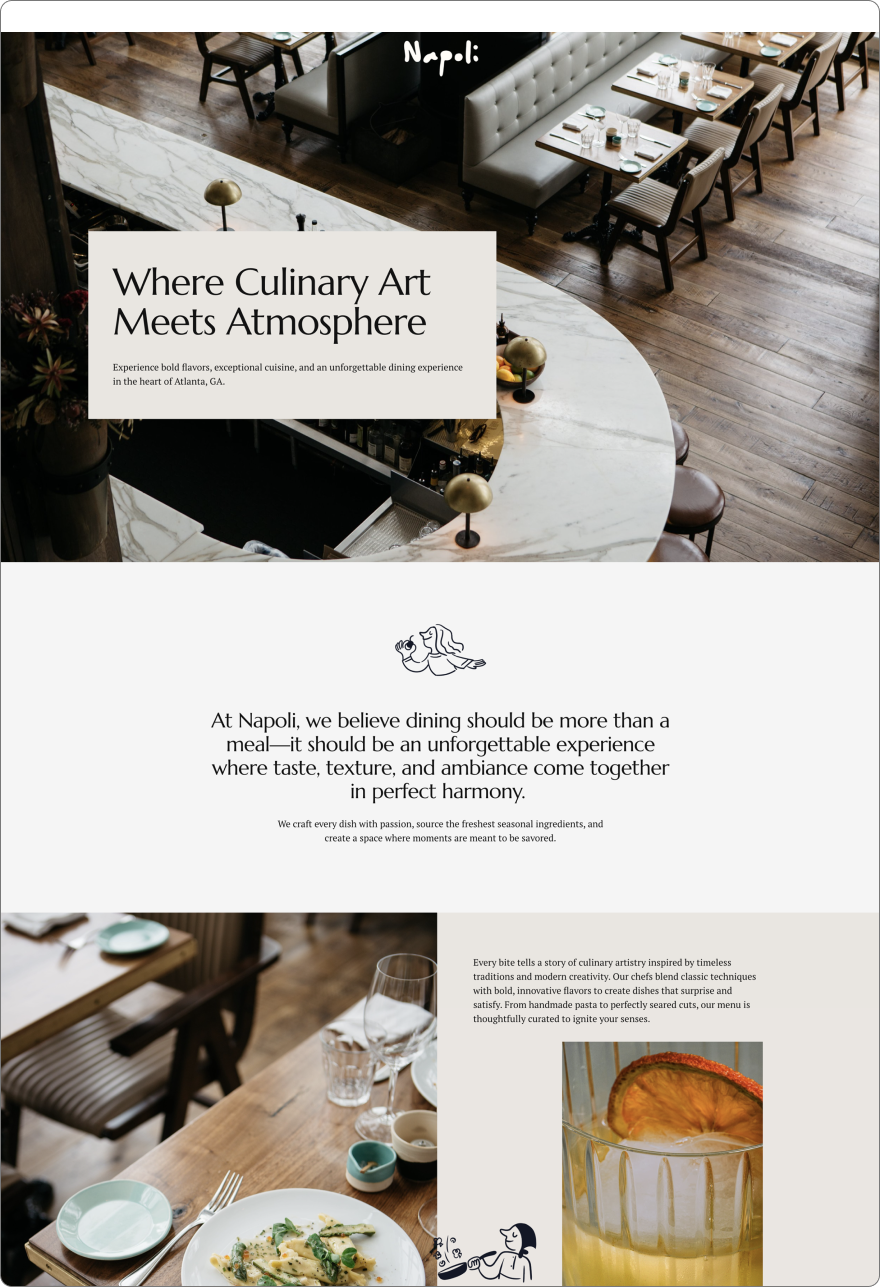 A restaurant interior with a marble bar counter, wooden tables and chairs, and a seating area with a gray tufted banquette. The restaurant has a wooden floor, and tables are set with plates, glasses, and utensils.