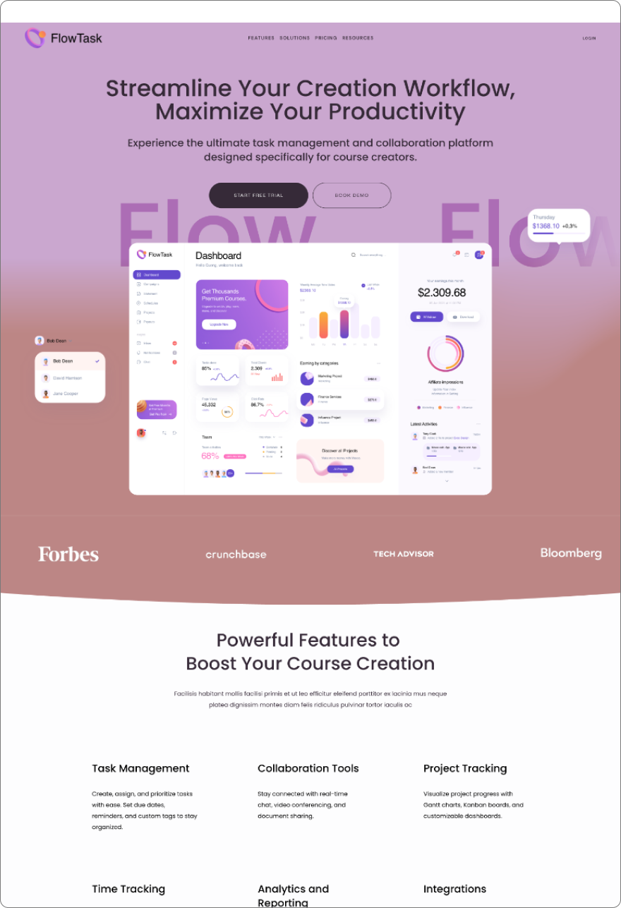 A website homepage for FlowTask, a task management platform, with a purple gradient background. It features a headline about streamlining workflows, a central dashboard screenshot, and labels for media outlets like Forbes, Bloomberg, and Tech Advisor.