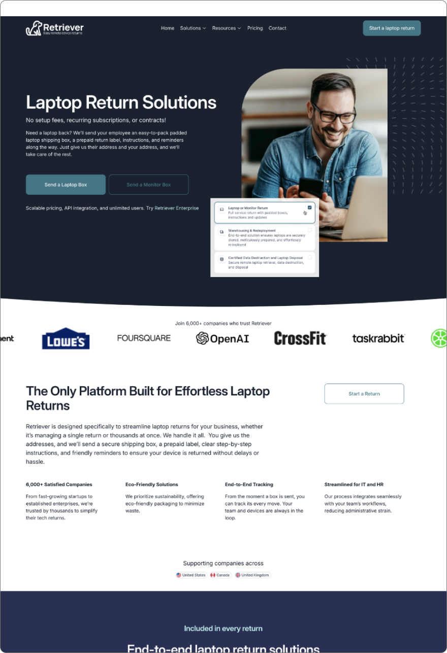Screenshot of Retriever's website homepage offering laptop return solutions, featuring a smiling man using a smartphone, with sections describing services, partner logos, and benefits of their platform.