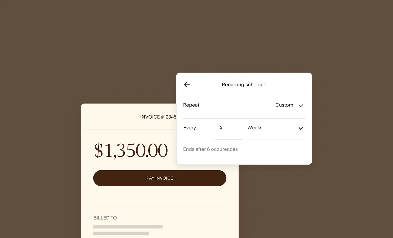 An online invoice payment screen showing an amount of $1,350.00 with a pay button, overlaid with a scheduling interface for setting a recurring schedule every 4 weeks, ending after 6 occurrences.
