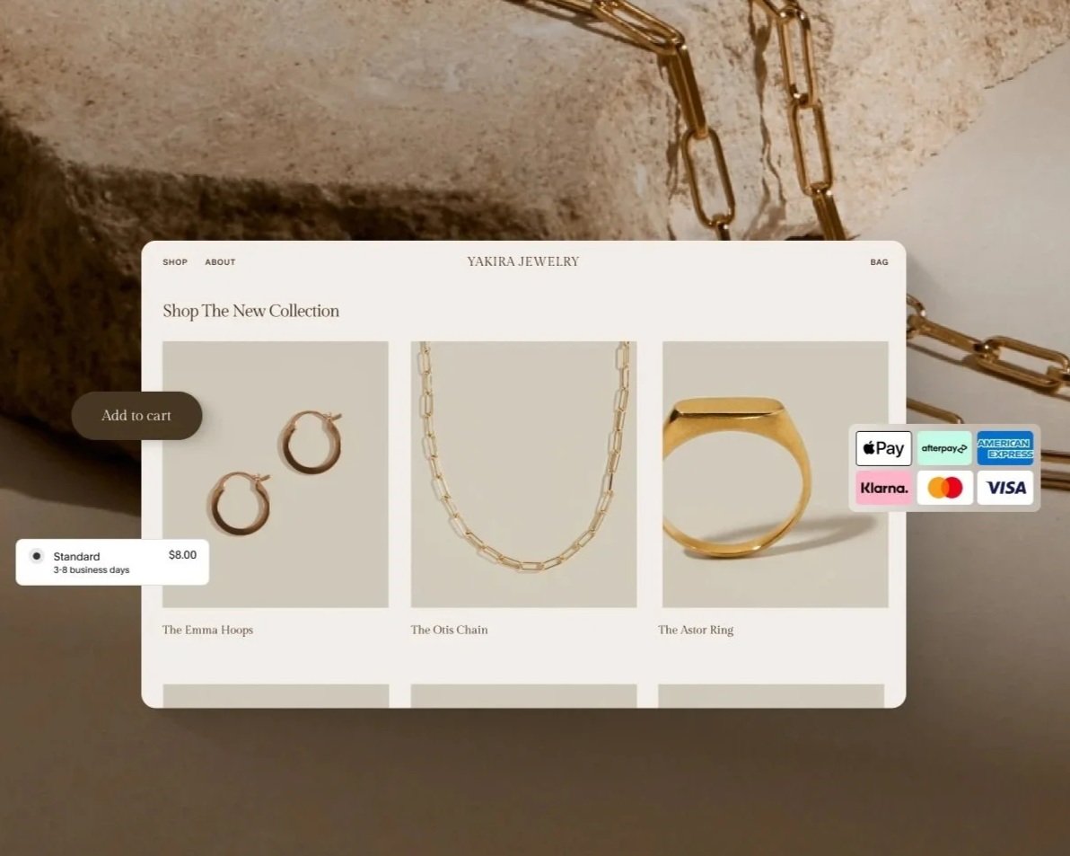 Online jewelry store webpage displaying new collection of necklaces and rings, including Emma Hoops earrings, Oris Chain necklace, and Astor Ring, with payment options and shopping features.