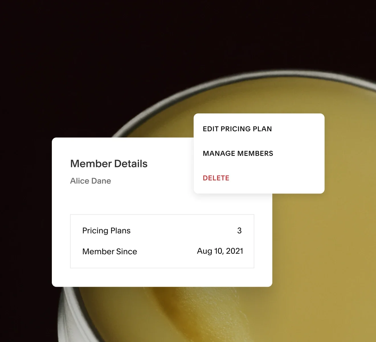 Overlay screen showing member details for Alice Dane, including 3 pricing plans and membership since August 10, 2021, with options to edit pricing, manage members, or delete.
