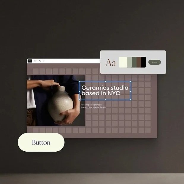 A digital design interface featuring a photo of a person holding a ceramic vase, with text overlay 'Ceramics studio based in NYC', a color palette, and a button labeled 'Button'.