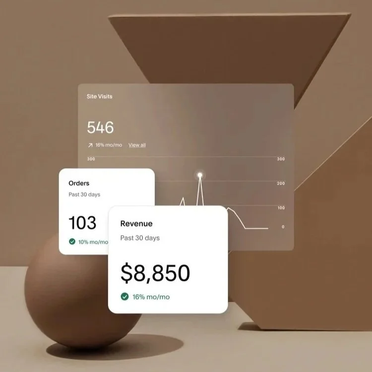 A digital dashboard with metrics on site visits, orders, and revenue over the past 30 days, displayed against a minimalist background with geometric shapes.