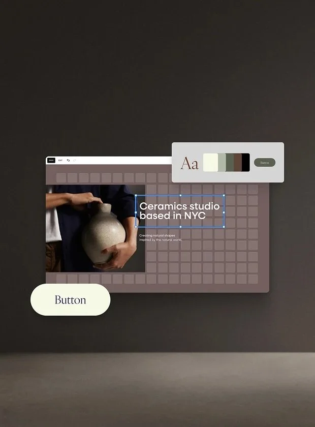 Screenshot of a website design for a ceramics studio based in NYC with a photo of a person holding a ceramic vase, color palette, and a call-to-action button labeled 'Button'.