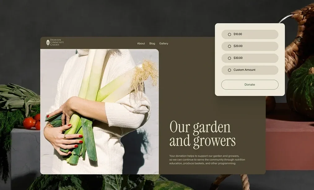 A donation webpage for a community garden featuring a woman holding fresh vegetables like celery and leeks, with donation options and a 'Donate' button on a brown background.