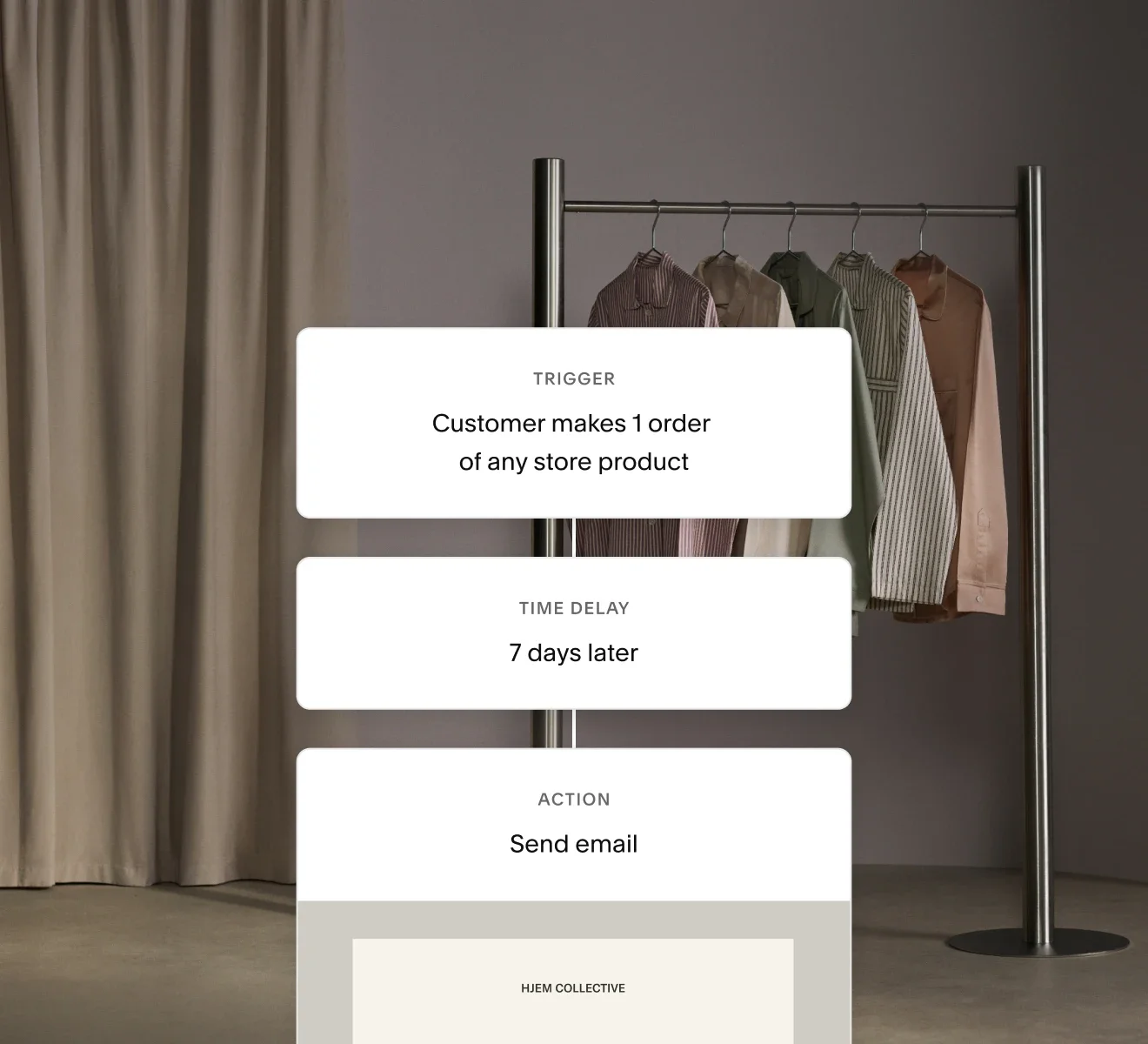 A clothing store with a metal rack holding multiple shirts, with the store's associate or an art piece in the background, and a digital interface overlay showing an automation trigger for a customer order process.